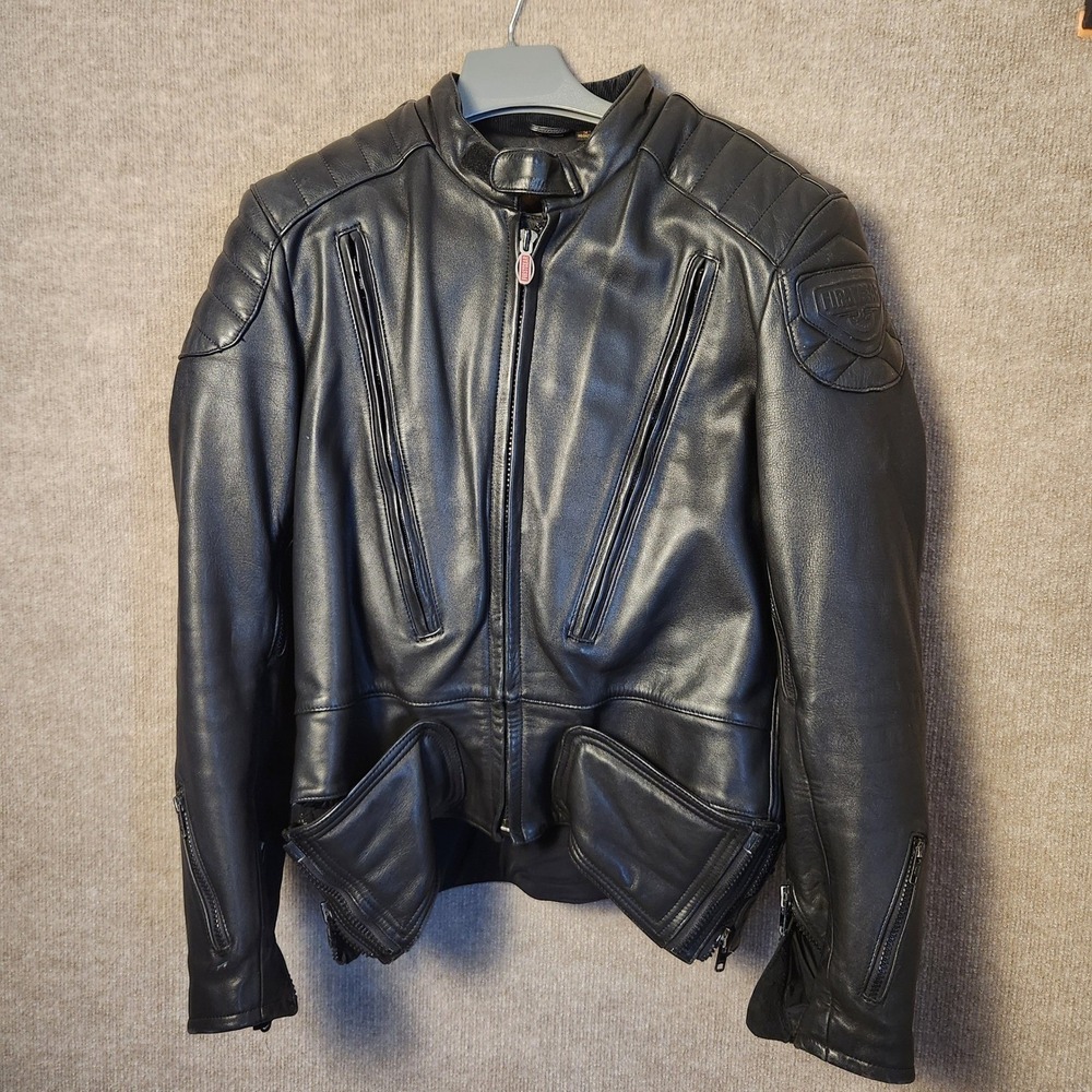 Firstgear Motorcycle Jacket Mens 44 Black Leather Hein Gericke Padded Vented
